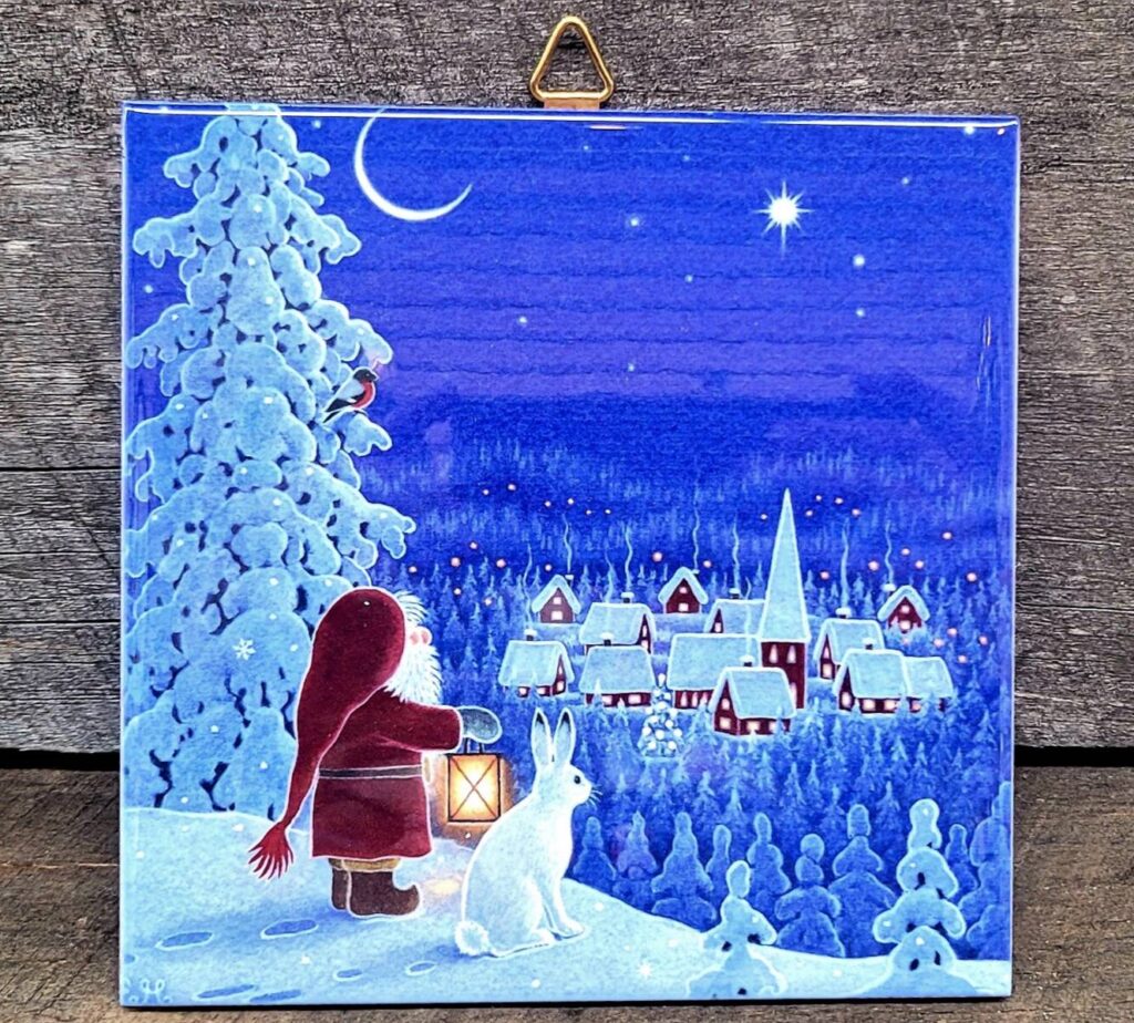 Eva Melhuish Tomte With Bunny Tile Nordic Northwoods Scandinavian